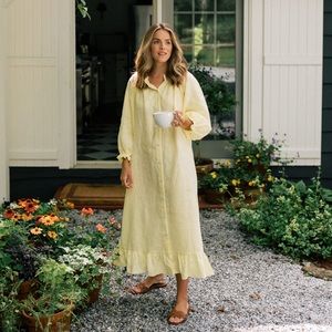 SLEEPER Ruffled Linen Off Shoulder Yellow Midi Dress